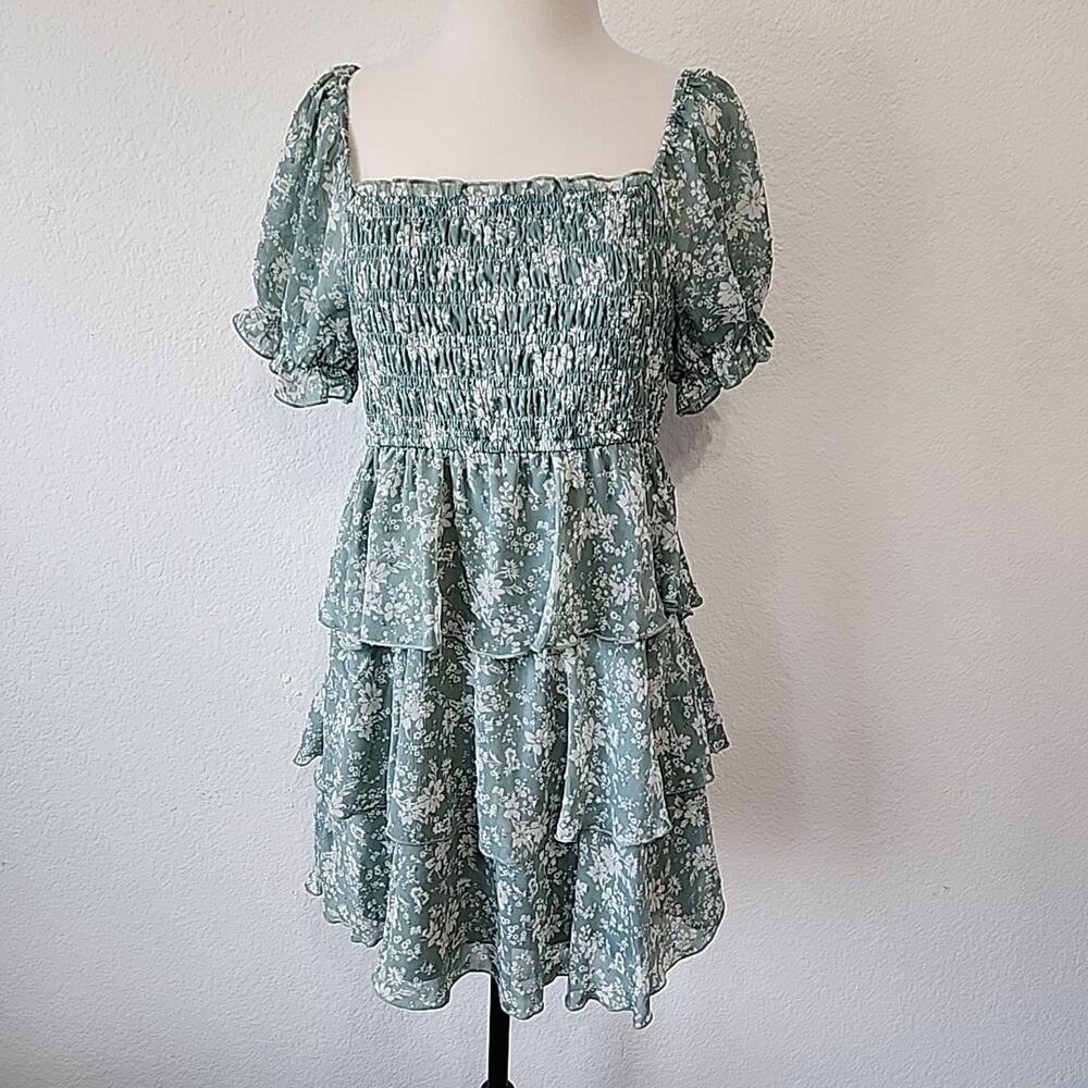 Thirty Thirty Juniors XL Green Floral Dress Ruffles Peasant Flowy Cottagecore